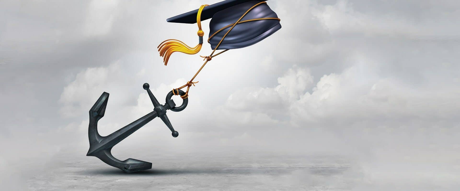 Illustration of graduation cap being weighed down by anchor