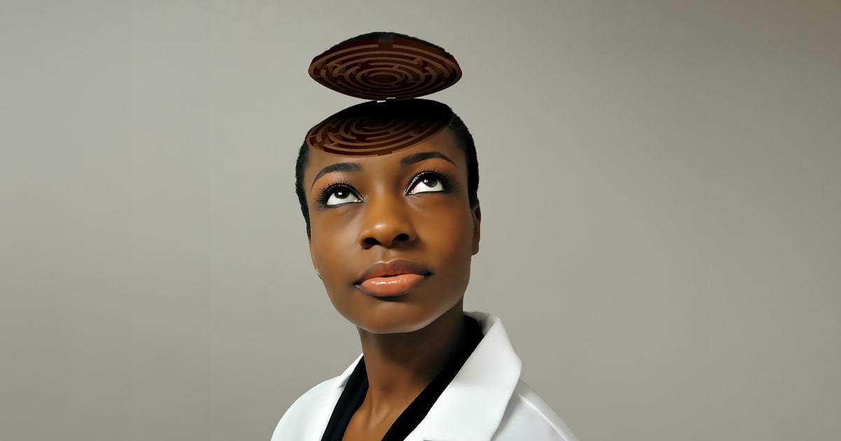 Isolated portrait of black business woman looking upward with just her eyes with short hair in a white lab coat facing forward. The woman's head is lifted up to reveal an internal maze for dealing with stress.