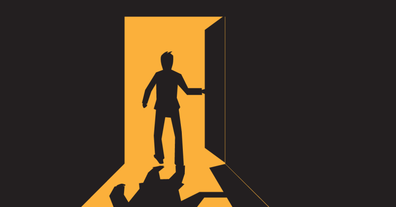 Illustration of a man escaping a room